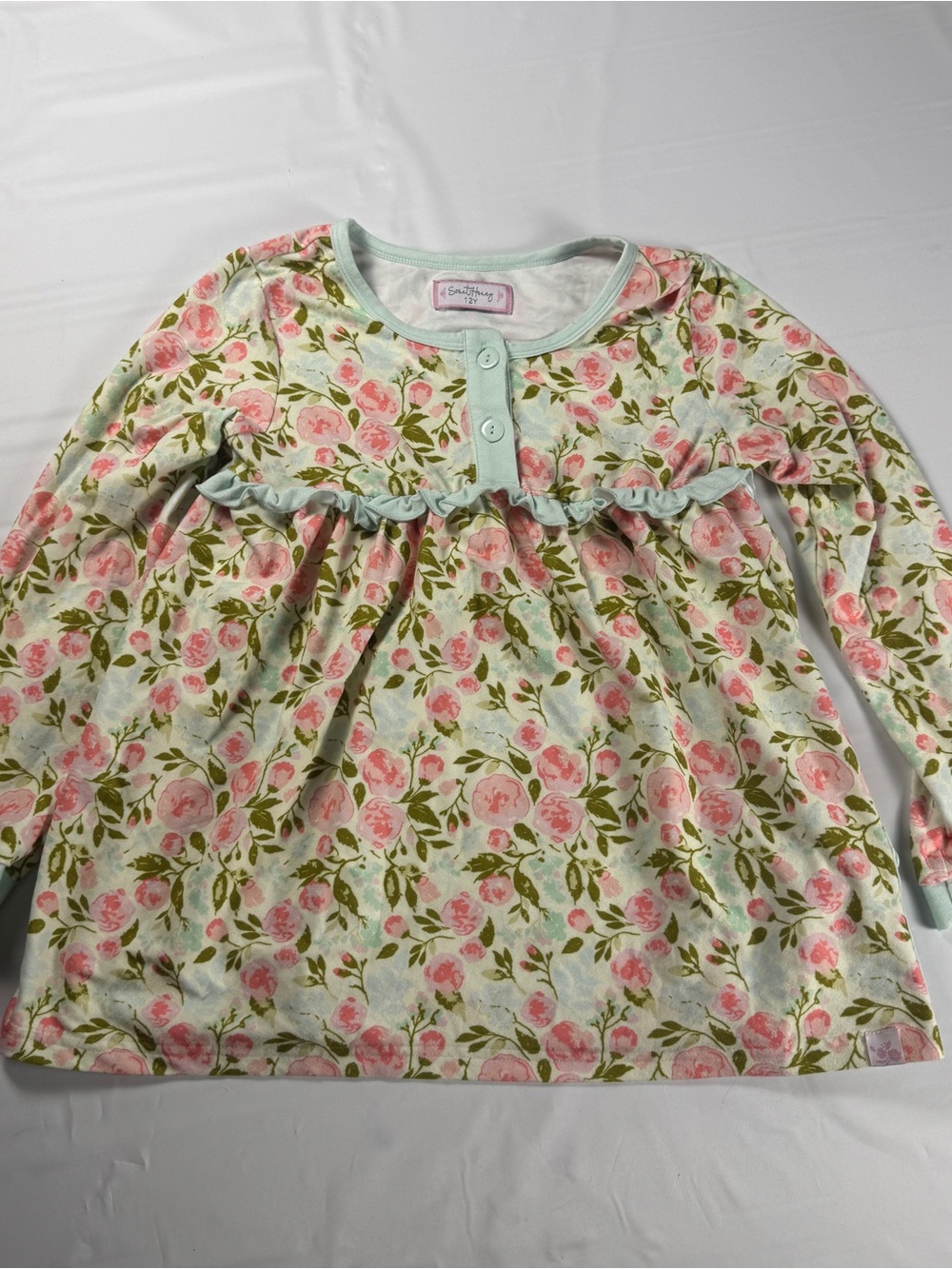 SweetHoney Girls Pajama Top Size 12 Pink Rose Floral Mint Ruffle Long Sleeve EUC